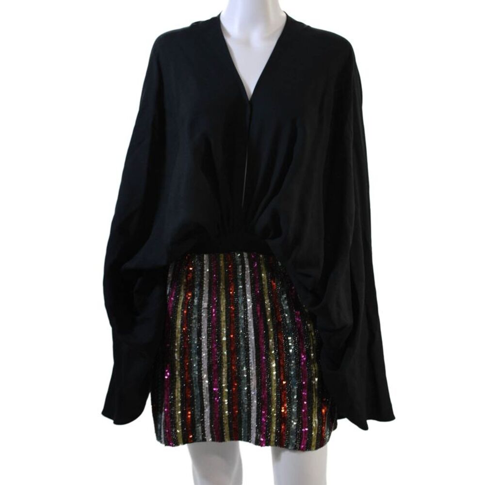 Amen Womens 3/4 Sleeve V Neck Ruched Sequin Mini Dress Black Multi Size IT 42